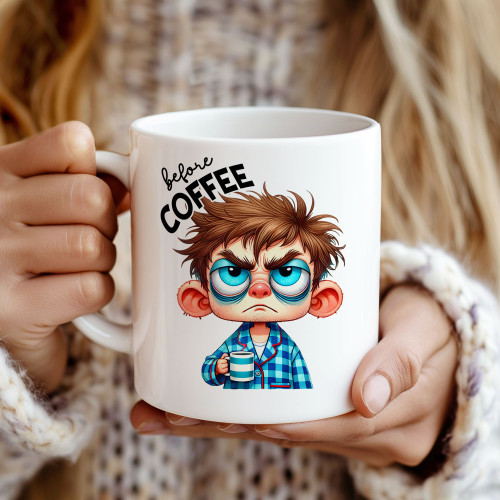 Funny Coffee Mug – "Before Coffee / Fully Caffeinated" Cartoon Design | 11oz Ceramic Cup